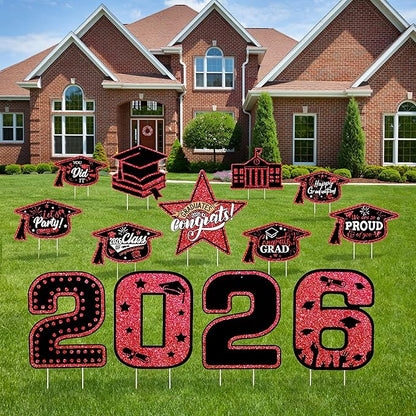 13Pcs Graduation Yard Signs Class of 2026 Large Congrats Grad Sign with Stakes & String Hanging Graduation Decorations for Indoor Outdoor Yard Lawn Porch School (Red)