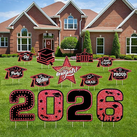 13Pcs Graduation Yard Signs Class of 2026 Large Congrats Grad Sign with Stakes & String Hanging Graduation Decorations for Indoor Outdoor Yard Lawn Porch School (Red)