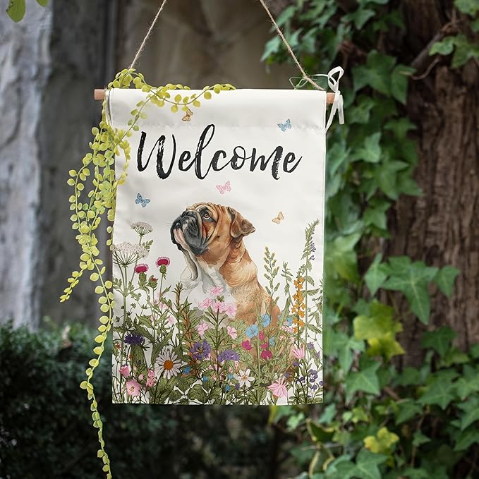 Spring Summer Garden Flag Floral English Bulldog Yard Flag Flower Dog Garden Flags for Outside Small Outdoor Welcome Flags 12x18 Double Sided