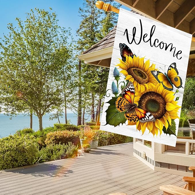 Summer Sunflower Butterfly Garden Flag 28x40 inch Double Sided Welcome Large House Flag, Outdoor Yard Flag for Porch Farmhouse Summer Decor