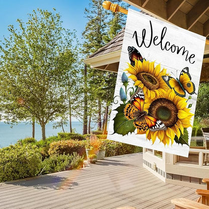Summer Sunflower Butterfly Garden Flag 12x18 inch Double Sided Welcome Burlap House Flag, Small Outdoor Yard Flag for Garden Porch Farmhouse Decor