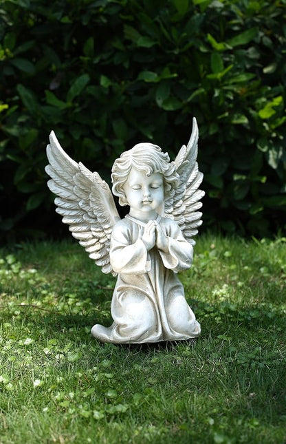 Napco Imports Kneeling, Praying Angel Child Concrete Look 11.75 x 15 Resin Garden Figurine