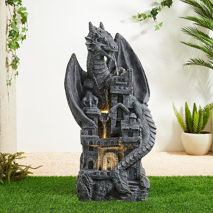 Glitzhome 37" H Mystical Gothic Dragon Perched ATOP The Castle Sculptural, Polyresin Garden Dragon Outoor Statues 4 Tier Waterfalls Floor Fountain with LED Dragon Figurine for Backyard Patio Decor
