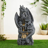 Glitzhome 37" H Mystical Gothic Dragon Perched ATOP The Castle Sculptural, Polyresin Garden Dragon Outoor Statues 4 Tier Waterfalls Floor Fountain with LED Dragon Figurine for Backyard Patio Decor