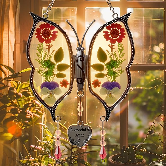 KY&BOSAM Gifts for Aunt Suncatchers for Windows Butterfly Stained Glass A Special Aunt Wind Chime with Pressed Flowers & Heart Charm Gifts for Aunt Mother's Day Wedding Home Decor