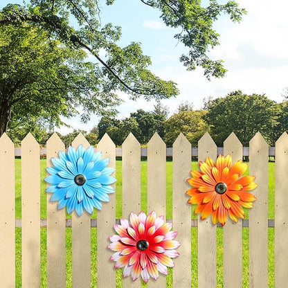 Hotop 3 Pcs Metal Flower Wall Art 3D Metal Daisy Wall Decor Multiple Layer Hanging Flower Rustic Farmhouse Boho Style Decorations for Indoor Outdoor Home Living Room Office Garden, 8 Inches(Vivid)