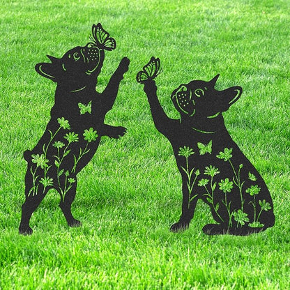 French Bulldog Garden Stakes - 2 Pcs Metal Dog Decor for Outside Waterproof Animal Statues Yard Patio Lawn Walkway Decoration Butterfly Flower Silhouette Christmas Ornaments Frenchie Gifts