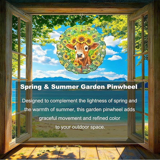10x10 Inch Wind Spinner Outdoor Hanging Cute Calf Sunflower Daisy Meadow Metal Kinetic Spiral Ornament for Yard Garden Patio Porch Balcony Tree Window Decor Gift