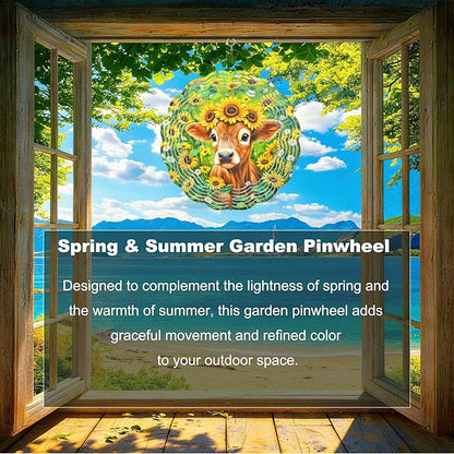 10x10 Inch Wind Spinner Outdoor Hanging Cute Calf Sunflower Daisy Meadow Metal Kinetic Spiral Ornament for Yard Garden Patio Porch Balcony Tree Window Decor Gift