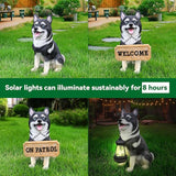 Akita Dog Garden Statue with Solar Lantern Light, Outdoor Resin Puppy Animal Figurine with Double-Sided Welcome & On Patrol Sign, 11.4" Yard Art Decor for Patio Lawn Porch Dog Lover Gift