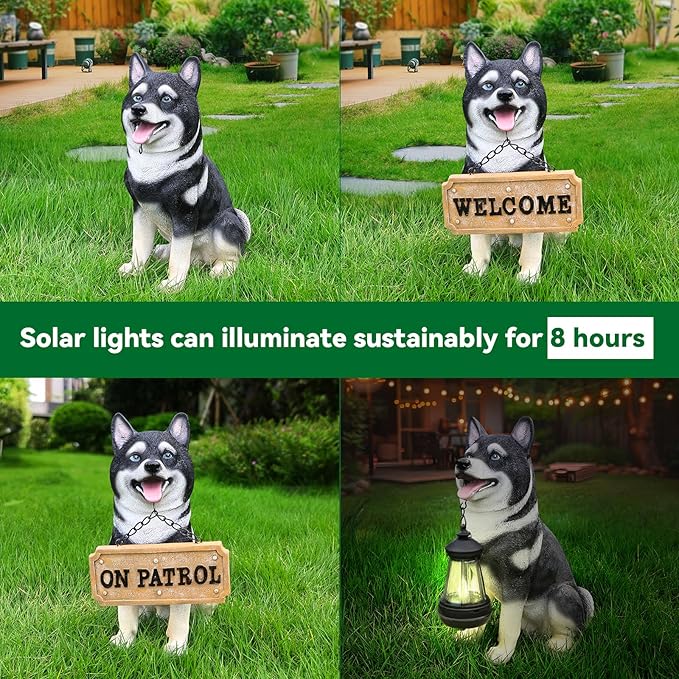 Outdoor Akita Inu Dog Statue with Interchangeable Welcome Sign and Detachable Solar Lantern –LED Light Garden Dog Sculpture Décor, Cute Puppy Design for Yard, Porch, Gift
