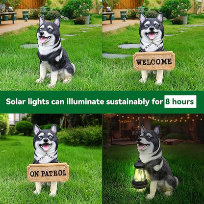 Outdoor Akita Inu Dog Statue with Interchangeable Welcome Sign and Detachable Solar Lantern –LED Light Garden Dog Sculpture Décor, Cute Puppy Design for Yard, Porch, Gift