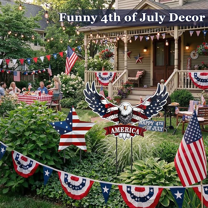 Silkfly 2pcs 4th of July Metal Decorations for Outdoor Patriotic Memorial Day Garden Yard Sign 250th Eagle Metal Blue Red Star Art Decor Outside Americana Garden Stake for Lawn Independence Day Gifts