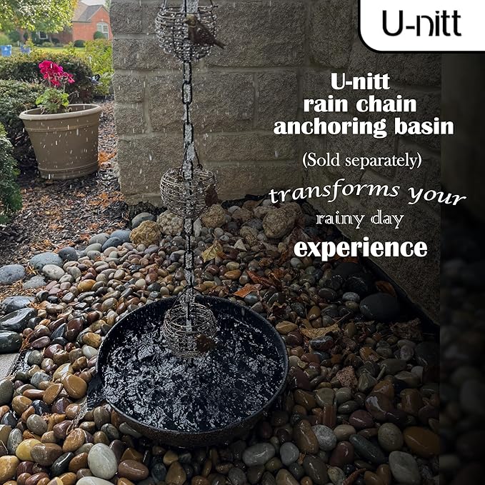 U-nitt Rain Chain Water Collection for Gutters Rainwater Catcher & Diverter, 8.5 FT Chains for Outside Garden, Antique Bird Nest Cups, Roof Downspout, Works with Heavy Rain, Gutter Clip for Rainchains