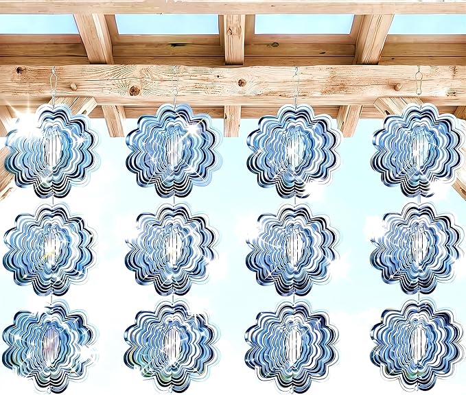 12PCS Stainless Steel Bird Deterrent Wind Spinners for Outside – Reflective Outdoor Bird Repellent Hanging Ornaments, Humane Pigeon Scarer for Yard Garden, Balcony, Patio, Roof & Window (12, Flower)