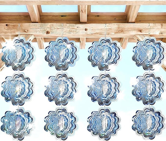 12PCS Stainless Steel Bird Deterrent Wind Spinners for Outside – Reflective Outdoor Bird Repellent Hanging Ornaments, Humane Pigeon Scarer for Yard Garden, Balcony, Patio, Roof & Window (12, Flower)
