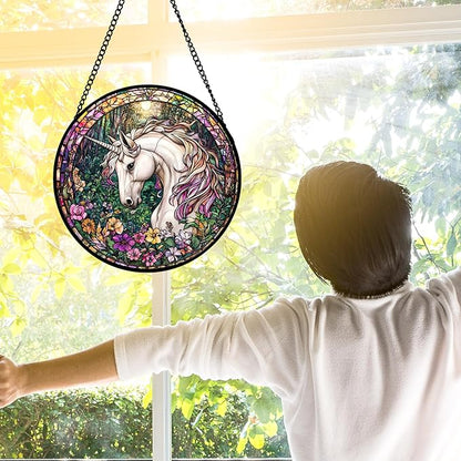 DASTOLL Stained Glass Window Hanging, Unicorn Flowers Suncatcher for Doors Home Sun Catchers Decoration and Christmas, Mother's Day Birthday Gifts for Women, Men, and Mom 7.8 in