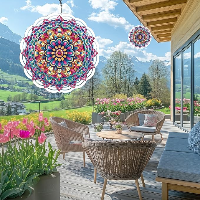 Wind Spinners Outdoor, Hanging Wind Spinner for Garden Decoration, 8 inch 3D Stainless Steel Metal Wind Sculpture for Indoor/Outdoor Decor, Multi Red Mandala