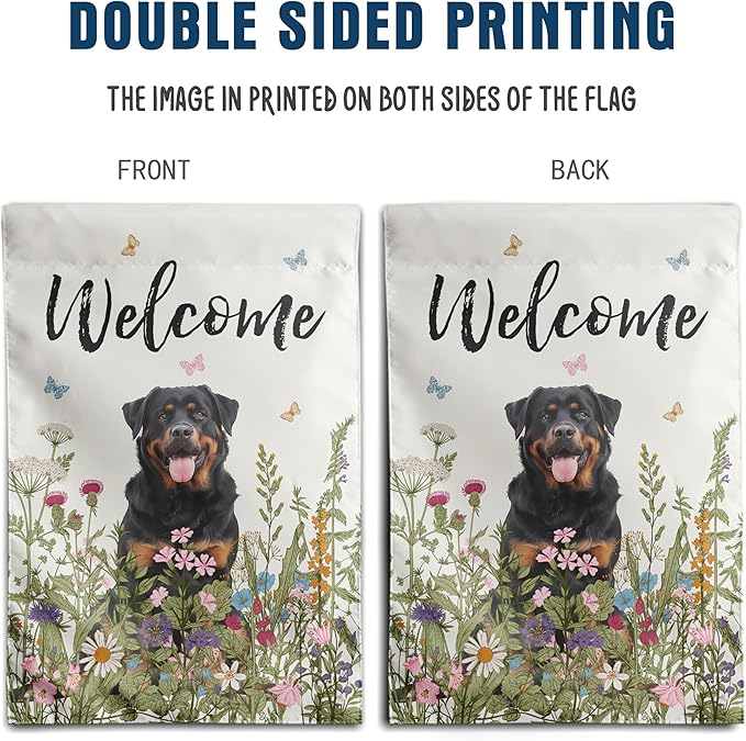 Floral Rottweiler Garden Flag Spring Summer House Flags 28 x 40 Double Sided Flower Dog Yard Flags for Outside Large Outdoor Welcome Flags