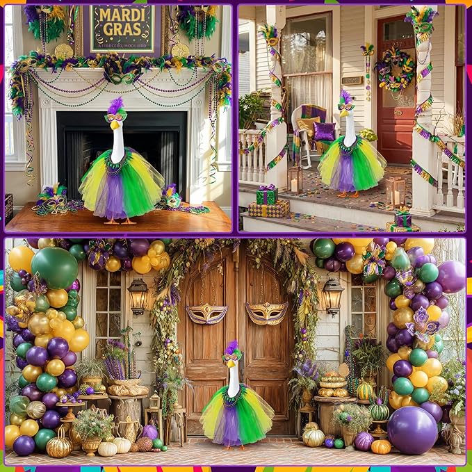 Abbylike 1 Set Mardi Gras Porch Goose Outfits Carnival Porch Yard Goose Clothes and Mask Costume Fits Large 23'' Cement for Garden Yard Statue Pathway Decorations