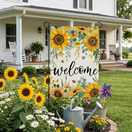 CROWNED BEAUTY Summer Garden Flag Sunflowers 12x18 Inch Double Sided Small Yellow Floral Seasonal Holiday Decoration for Outside Yard
