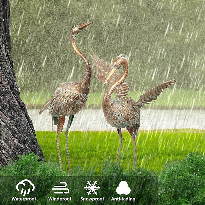 TERESA'S COLLECTIONS Garden Decor, Set of 2 Cranes Garden Decor, 25-26", Elegant Cranes with Golden Painting, Waterproof Metal Garden Statue, Herons Gifts Birthday Gifts for Women Mom