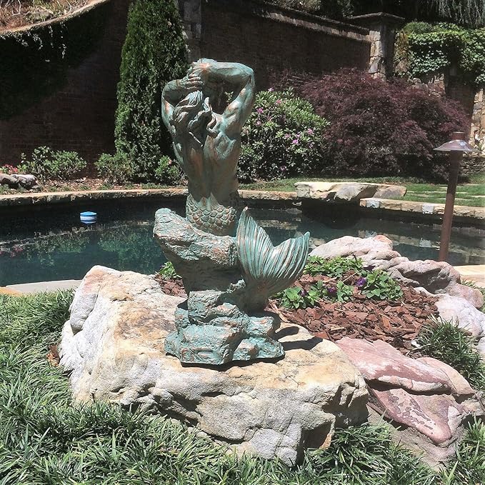 homestyles 21 in. Sexy Triton Merman Male Mermaid on Nautical Rock Bronze Patina Beach and Pool Statue