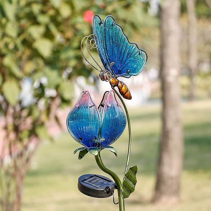 TERESA'S COLLECTIONS Flower and Heron Garden Decor with Solar Lights, Solar Powered Metal Stakes for Outdoor Patio Yard Lawn Decorations