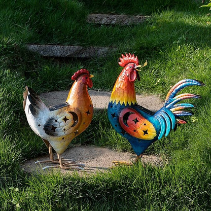 Natelf Solar Rooster and Hen Statue, Outdoor Metal Chicken Decor with Solar Lights, Hand-Painted Farmhouse Garden Art for Yard, Patio, Chicken Coop - Housewarming Gifts Set of 2