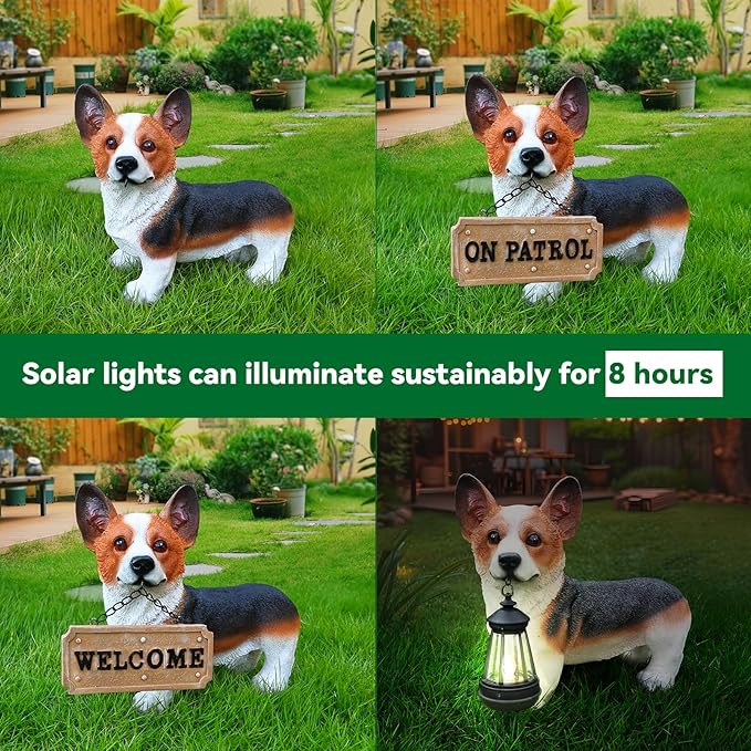 Corgi Garden Statue with Solar Lantern, Adorable Dog Outdoor Decor with Interchangeable Welcome & On Patrol Signs, Waterproof Resin Puppy Figurine for Yard, Lawn, Patio, Dog Lover Gift