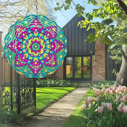 Multi Color Mandala Wind Spinners Outdoor, Hanging Wind Spinner for Garden Decoration, 8 inch 3D Stainless Steel Metal Wind Sculpture for Indoor/Outdoor Decor