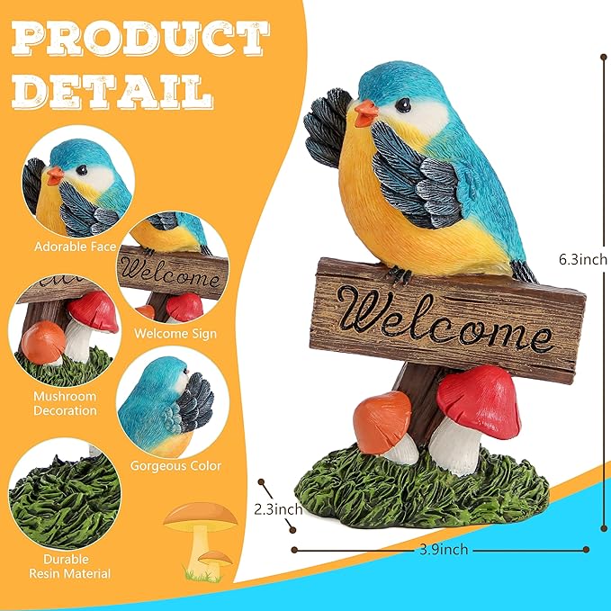 Bird Decor for Garden Statues,Bird Figurines Welcome Sign for Outdoor Decorations,Birds Decorative Outdoor Statue for Garden Patio Yard Lawn Home Shelf Decor,Gardening Gifts for Birds Lovers Women