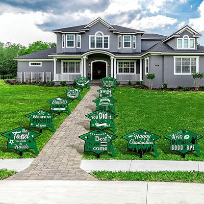 Chunful 12 Pack Graduation Yard Signs Grad Decoration 2026 Happy Graduate Lawn Garden Sign with Stake Congrats Outdoor Plastic Cap Hanging Ornament for Class Pathway Walkway Porch Party(Green)
