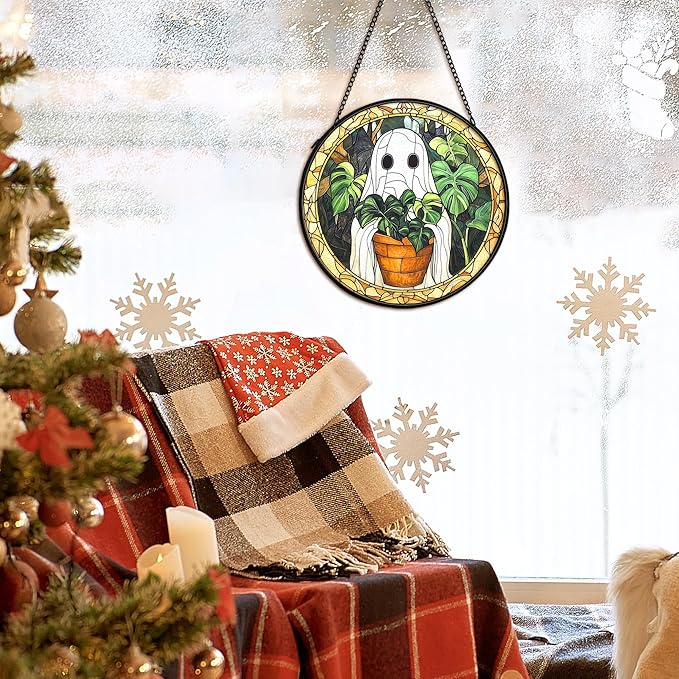 Halloween Ghost Suncatcher Stained Glass Window Hanging Decor, Cute Ghost Stained Glass Wall Decor, Plant Lovers Gifts, Botanical Garden Sun Catchers Indoor Window Hanging Wall Art, 7.9x7.9In