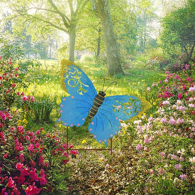 Decorative Butterfly Garden Decor Outdoor Butterfly Garden Stake Decor, Metal Butterfly Yard Stake Garden Insect Decor Patio Lawn Backyard Decor (Blue)