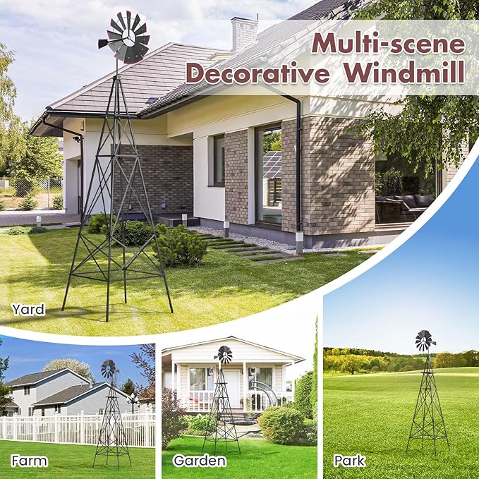 DREAMADE 8ft Steel Windmill, Farmhouse Windmill Decoration with Directional Vane, 4 Anchoring Stakes & Reinforced Base, Weather-Ready Garden Spinner for Backyard, Garden, Patios, Rural Areas (Grey)