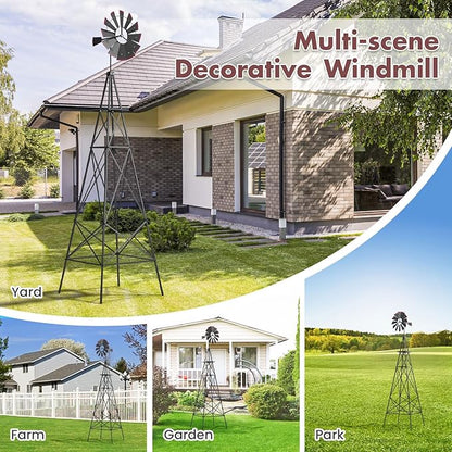DREAMADE 8ft Steel Windmill, Farmhouse Windmill Decoration with Directional Vane, 4 Anchoring Stakes & Reinforced Base, Weather-Ready Garden Spinner for Backyard, Garden, Patios, Rural Areas (Grey)