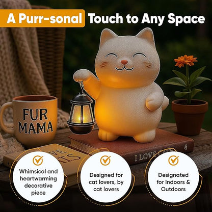 Solar Cat Garden Statue with Lantern – Outdoor Cat Statue for Garden, Patio & Yard, Weatherproof Resin Figurine Lawn Ornament Garden Decor with Soft Solar Glow