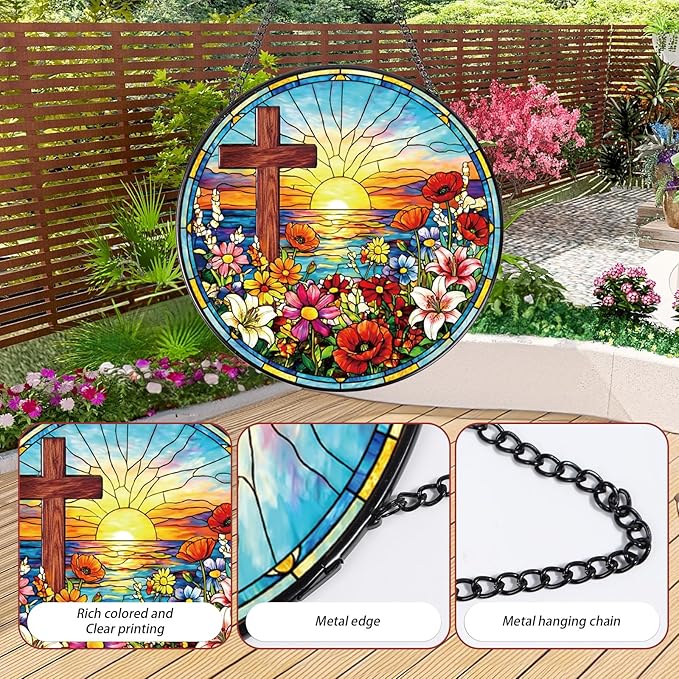 Rngmsi Cross Stained Glass Window Hanging, 8 Inch Wildflower Sunset Sun Catcher Gift, Religious Easter Faith Christian Gifts for Wall Art Hanging Decorations