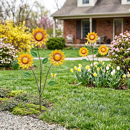 Metal Flowers for Outside, 30-Inch Iron Sunflower Garden Stakes Set of 2, Metal Yard Art Outdoor and Garden, Decorative Garden Stakes for Patio & Lawn Decor (Yellow)