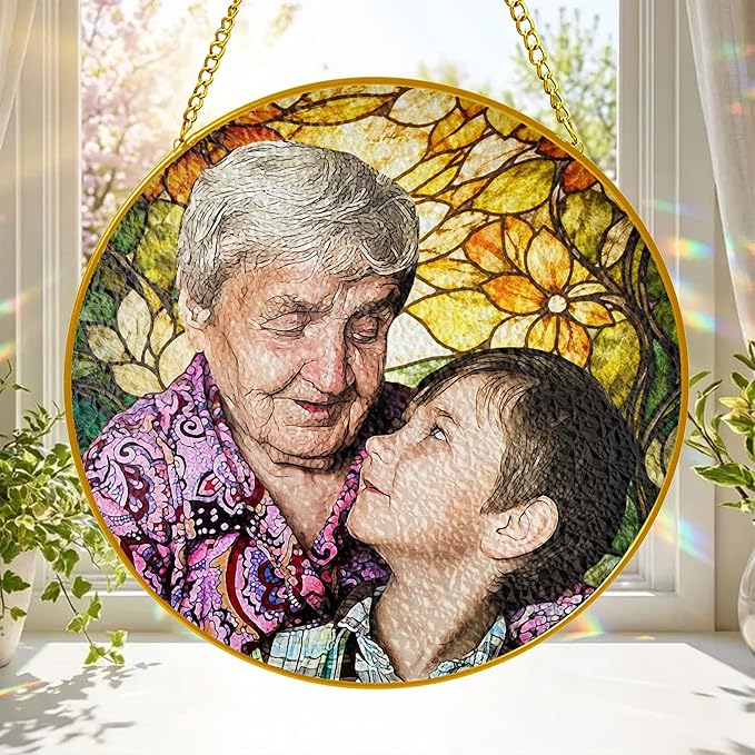 Personalized Grandma Stained Glass Suncatcher, Custom Stained Glass Window Hanging Picture for Mom, Customized Photo Gifts for Grandparents Family from Grandchildren Grandkids on Mothers Day Christmas