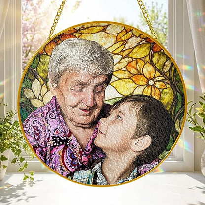 Personalized Grandma Stained Glass Suncatcher, Custom Stained Glass Window Hanging Picture for Mom, Customized Photo Gifts for Grandparents Family from Grandchildren Grandkids on Mothers Day Christmas