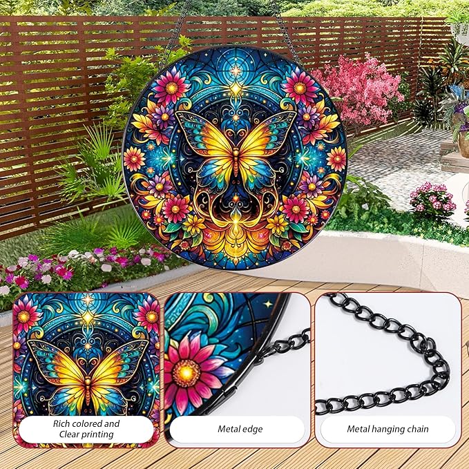 Rngmsi Stained Glass Window Hanging, 7.8″ Butterfly Flower Sun Catchers with Hook Indoor Window Decor, Decorative Suncatchers Hanging Ornaments Home Garden Art Gift for Housewarming