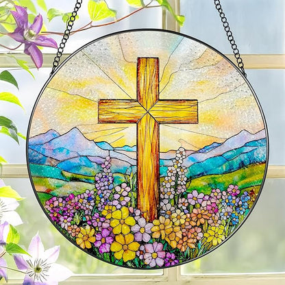 8 Inch Cross Wildflower Stained Glass Suncatcher, Christian Stained Glass Window Hanging, Religious Cross Sun Catcher, Easter Suncatcher Decor, Religious Gifts, Christian Gifts, Easter Gift