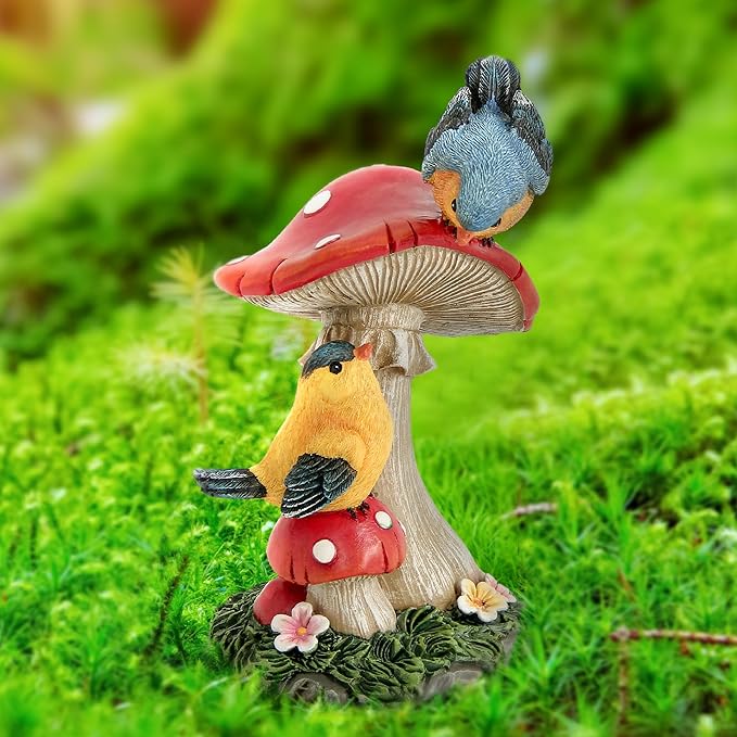 Leekung Bird Garden Statue for Outdoor Decorations,Bird Figurines Mushroom Statue for Garden Decor,Birds Decoration for Patio Yard Lawn Home Shelf Decor Accent,Birds Gifts for Mom