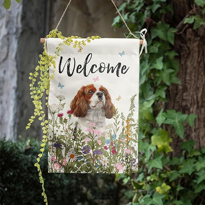 Floral Cavalier King Charles Spaniel Garden Flag Spring Summer House Flags 28 x 40 Double Sided Flower Dog Yard Flags for Outside Large Outdoor Welcome Flags