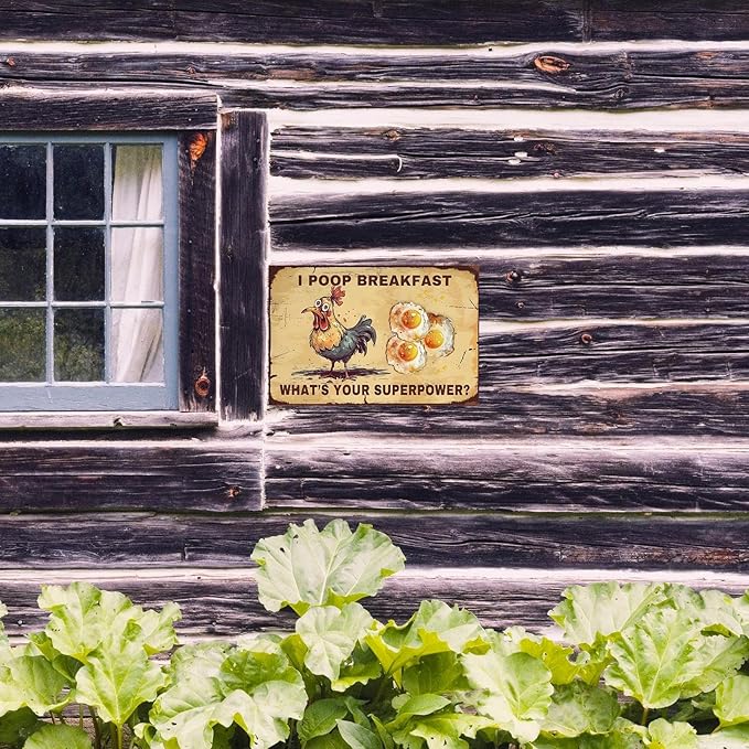 Chicken-Sign Metal-Sign Wall-Art Décor-Yard, Poop Breakfast Superpower, Farm Plaque Garden Sign Outdoor Coop Décor for Home Fence 8 X 12 Inches