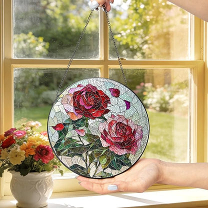 Pink Red Roses Stained Glass Window Hanging Suncatchers Valentine Roses Glass Panel Hangings Vintage Floral Window Decor Flowers Lovers Gift for Women Mom Spring Garden Nature Ornament 9.9inch