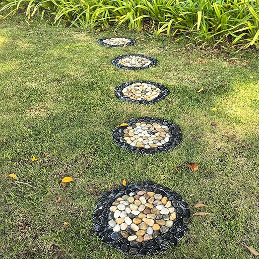 Garden Stepping Stones Outdoor,Pebble Stepping Stones for Garden Walkway,Decoration Polished River Rock for Yard, Pathway,Landscaping, 12 inch Round Decorative Stone Sheet Set 6pcs