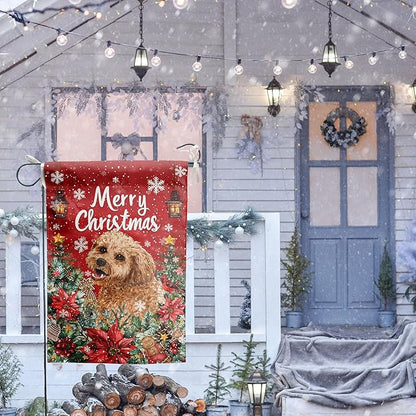 Christmas Golden Doodle Garden Flag Merry Christmas Dog Yard Flag for Outside Xmas Flags 12x18 Double Sided Red Poinsettia Garden Flags Winter Porch Decorations Outdoor